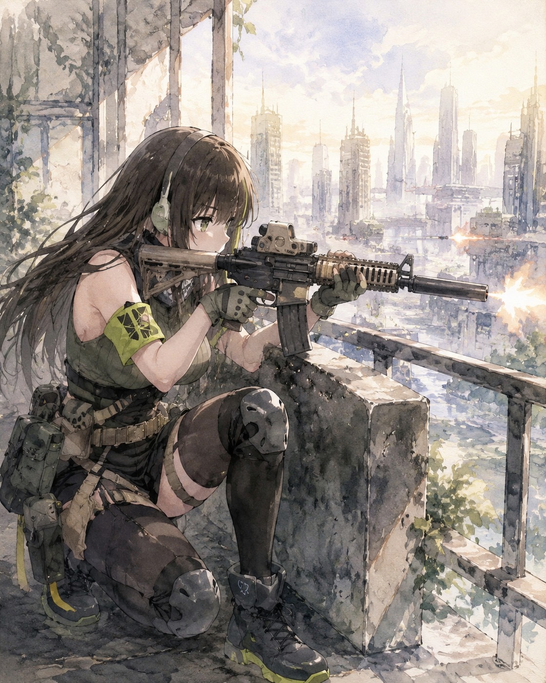Suppressing enemy fire from behind cover On a quiet balcony overlooking a futuristic city (watercolor anime style, soft morning lighting)