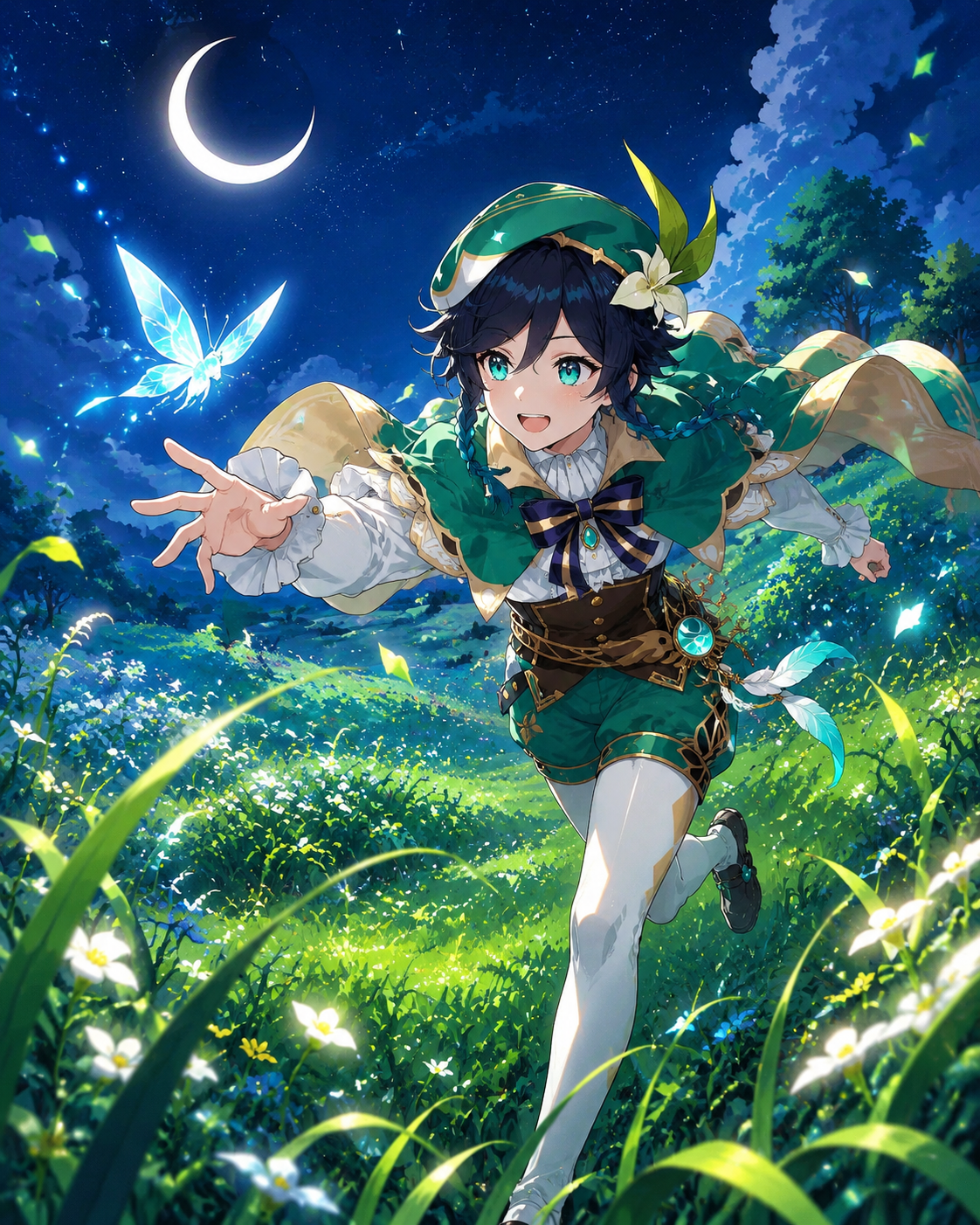 Chasing a glowing crystalfly through the tall grass In a lush meadow under a silver crescent moon (vibrant cel-shaded illustration, high saturation)