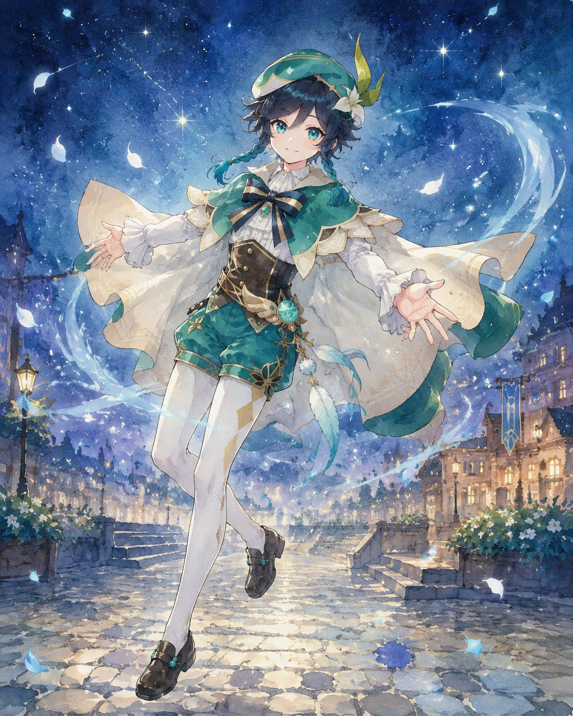Floating effortlessly amidst a gentle upward breeze At a cobblestone plaza under a starlit sky (ethereal watercolor anime, soft glowing light)