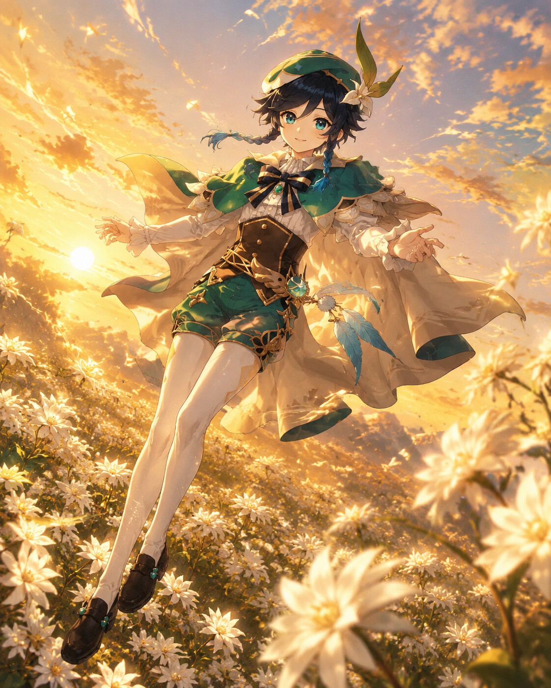Floating effortlessly amidst a gentle upward breeze in a field of glowing windwheel asters (detailed digital oil painting)