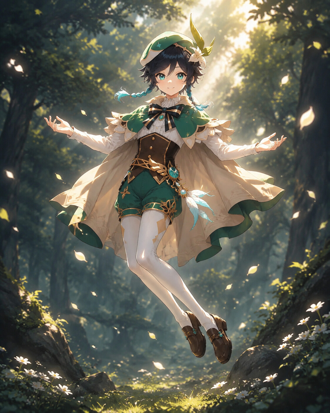 Floating effortlessly amidst a gentle upward breeze in a quiet forest clearing with dappled sunlight (cinematic fantasy)