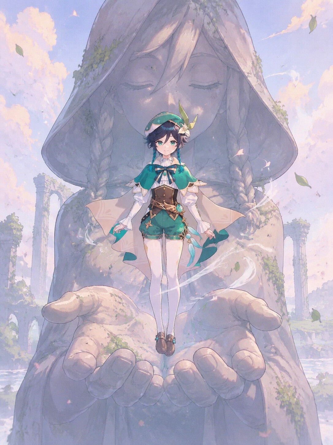 Floating effortlessly amidst a gentle upward breeze on the palms of a giant stone statue (dreamy lo-fi aesthetic)