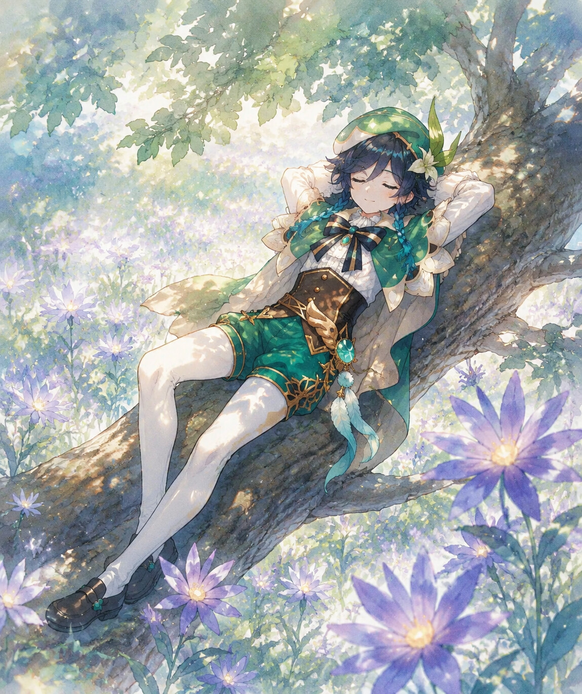 Napping blissfully on a thick oak branch in a field of glowing windwheel asters (ethereal watercolor anime)