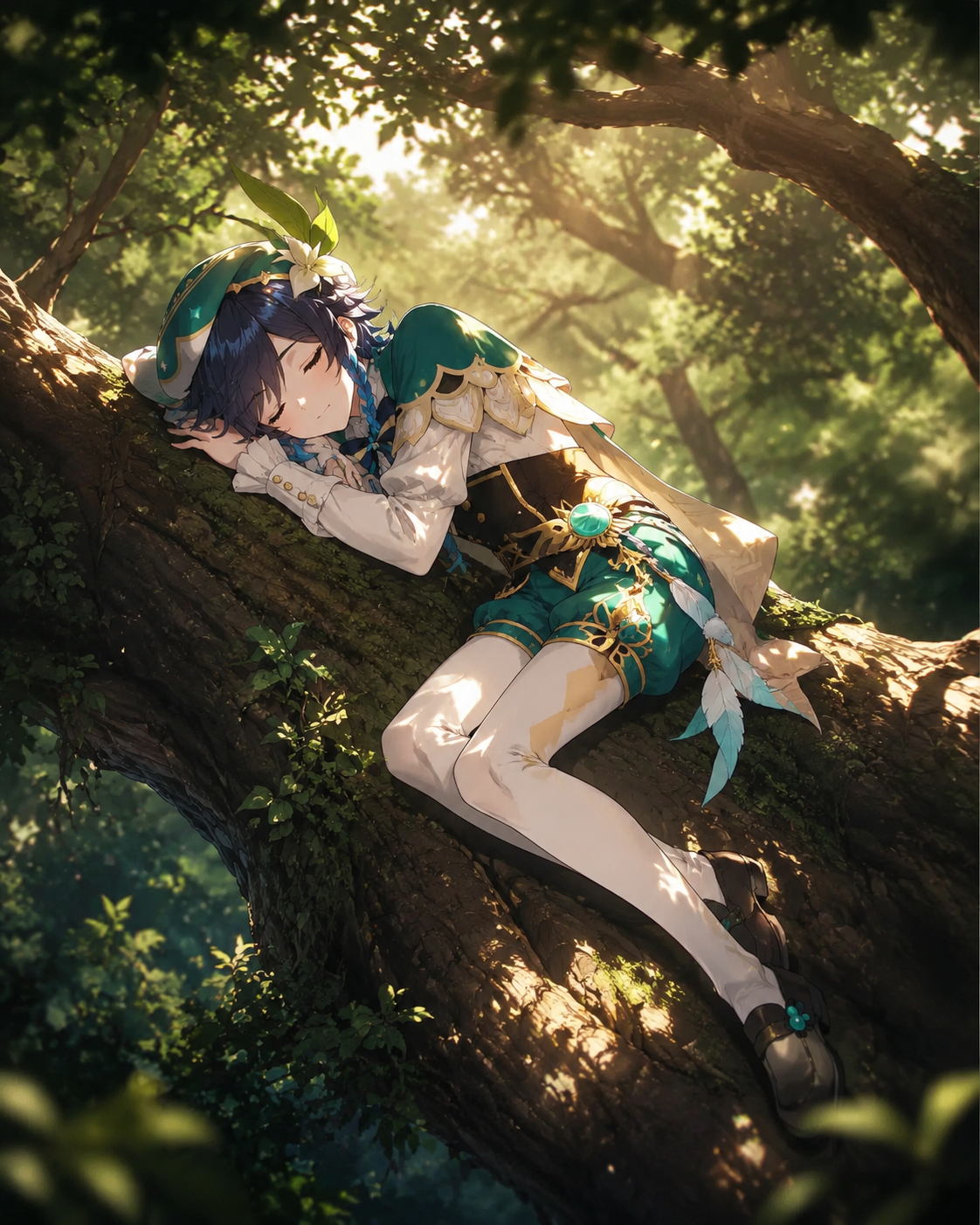 Napping blissfully on a thick oak branch In a quiet forest clearing with dappled sunlight (cinematic fantasy, dramatic rim lighting)