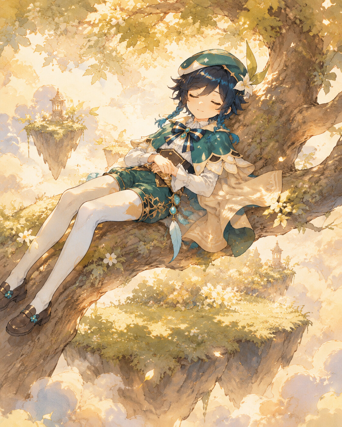 Napping blissfully on a thick oak branch on a floating island surrounded by golden clouds (ethereal watercolor anime)