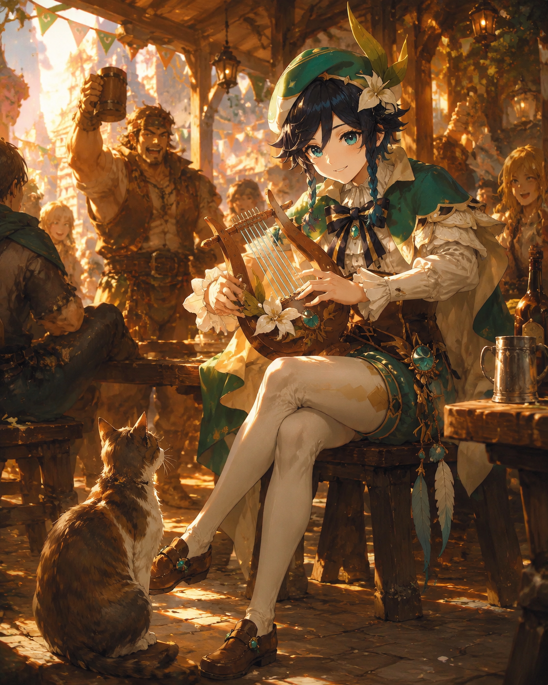 Performing a jaunty tune for a stray cat At a rowdy tavern during a summer festival (detailed digital oil painting, golden hour)