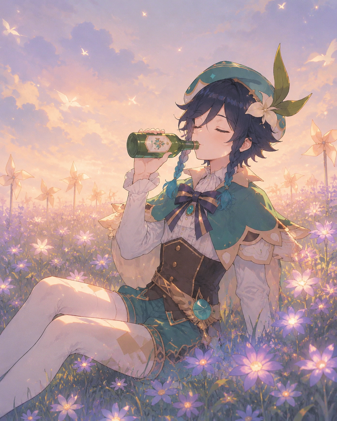 Sipping dandelion wine from a green bottle In a field of glowing windwheel asters (dreamy lo-fi aesthetic, pastel colors)
