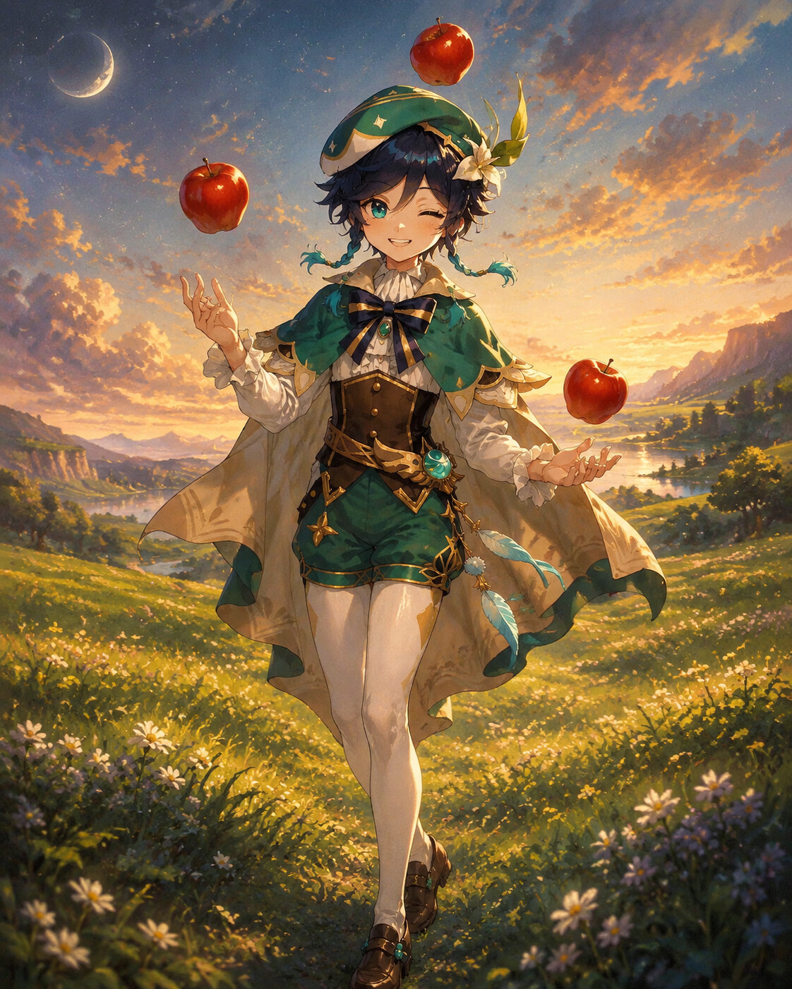 Winking mischievously while juggling three apples in a lush meadow under a silver crescent moon (detailed digital oil painting)