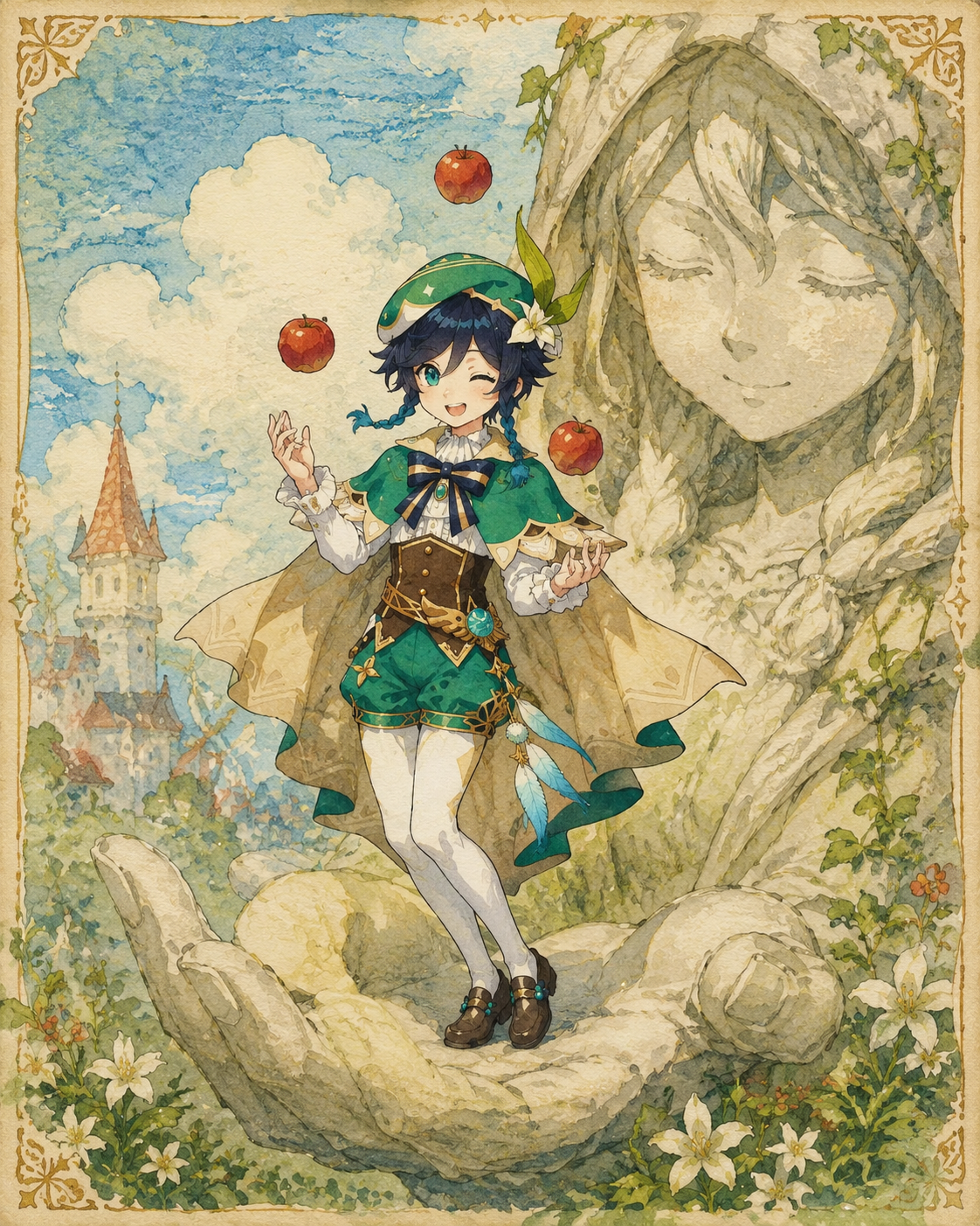 Winking mischievously while juggling three apples On the palms of a giant stone statue (whimsical storybook style, textured paper)