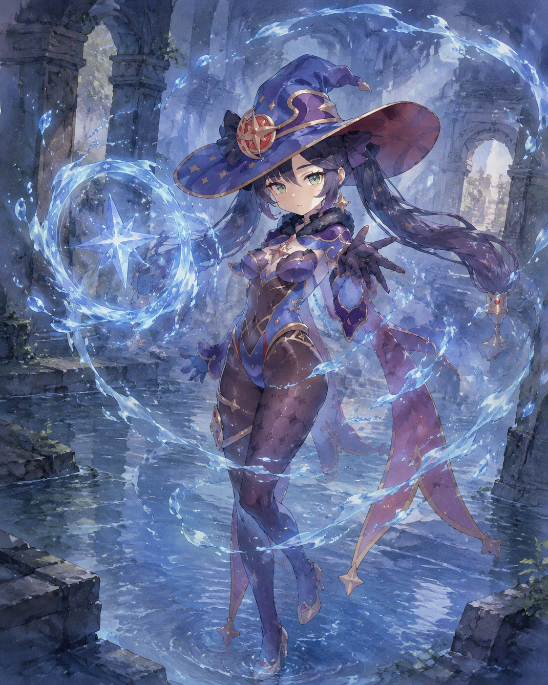 Casting a swirling hydro illusion In mysterious flooded stone ruins (watercolor anime, soft lighting)