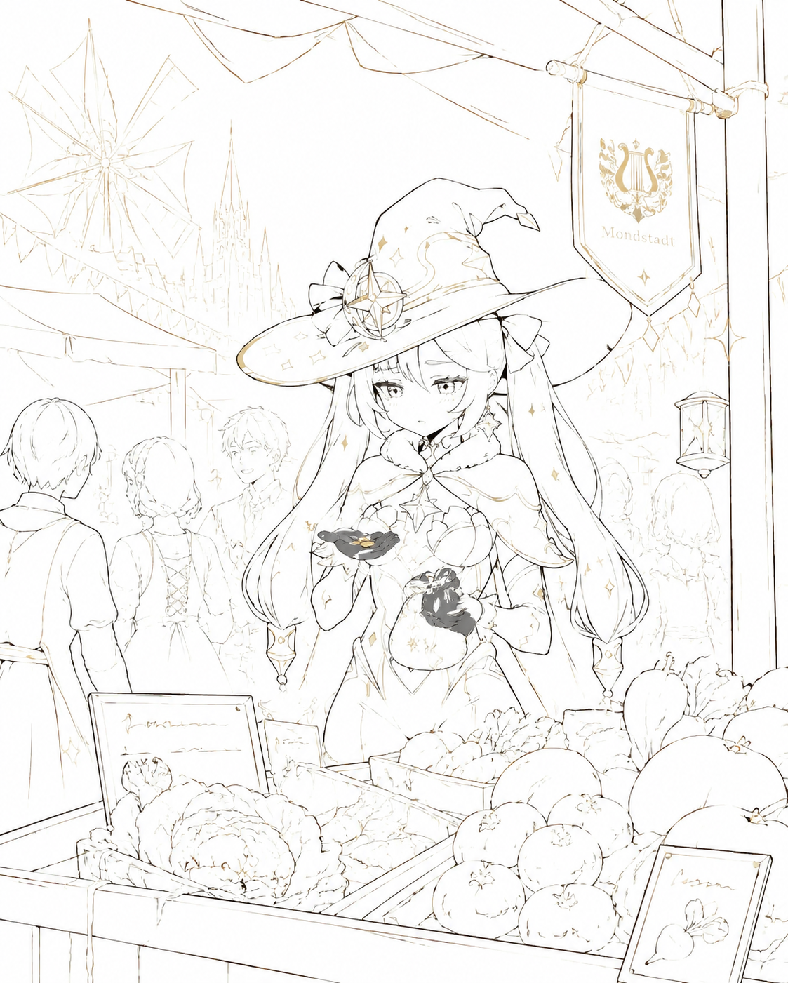 Counting her last remaining mora At a busy Mondstadt vegetable stall (minimalist line art, gold accents)