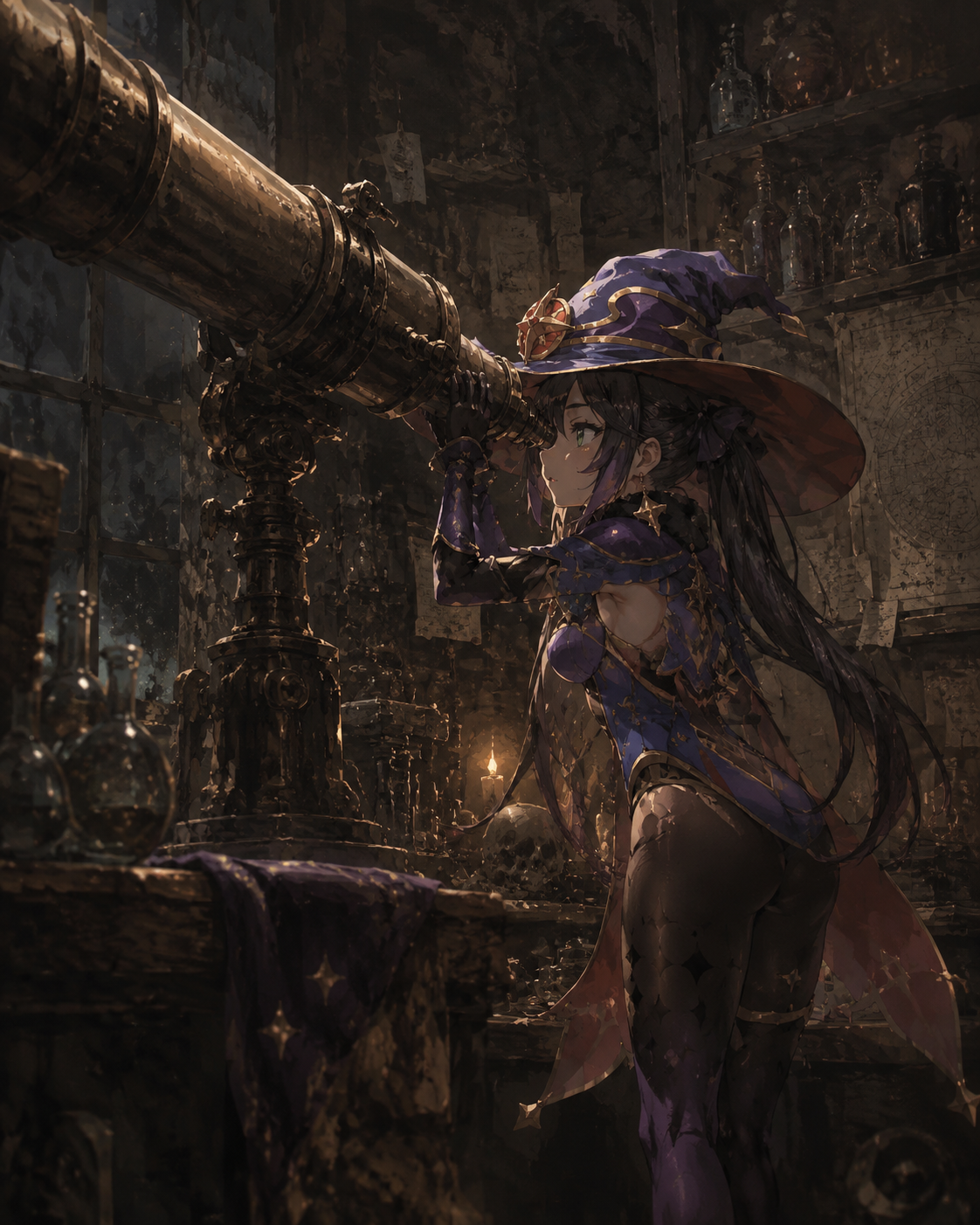 Gazing through a massive telescope In a dimly lit alchemist's workshop (gritty concept art, oil paint texture)