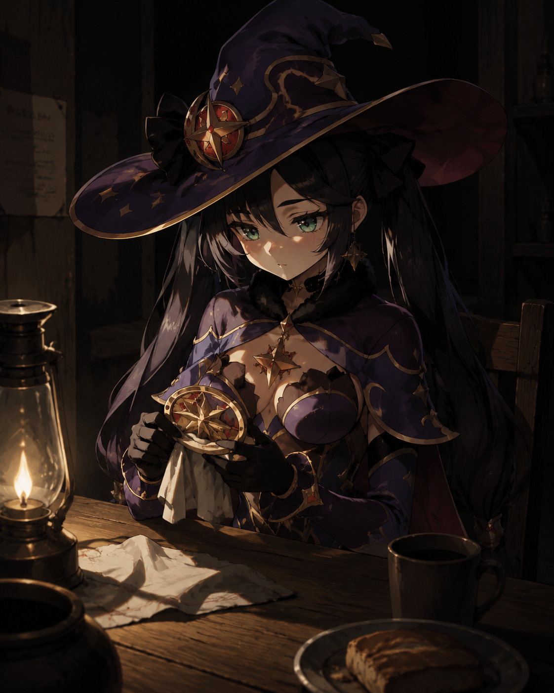 Polishing her golden compass At a humble wooden dining table (cinematic noir, dramatic shadows)