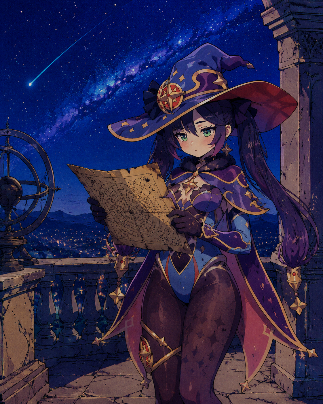 Reading a weathered star chart On a high balcony under a starry sky (retro 90s cel-shaded aesthetic)