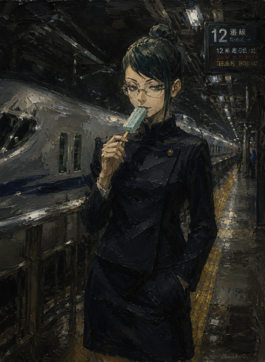 Eating a convenience store popsicle On a high-speed train platform (dark oil painting, heavy brushstrokes)