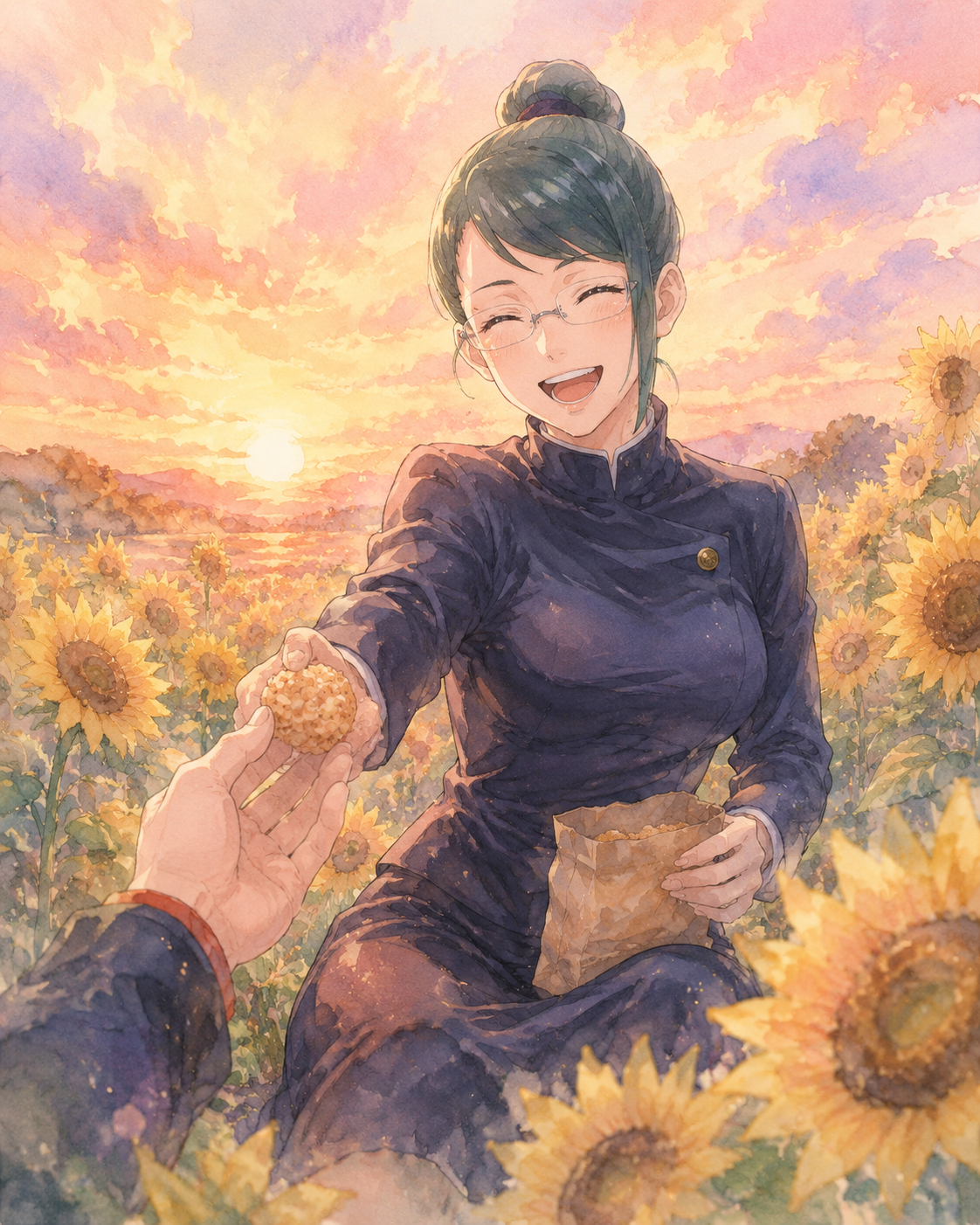 Laughing while sharing a snack In a field of sunflowers at sunset (ethereal watercolor, soft pastel hues)