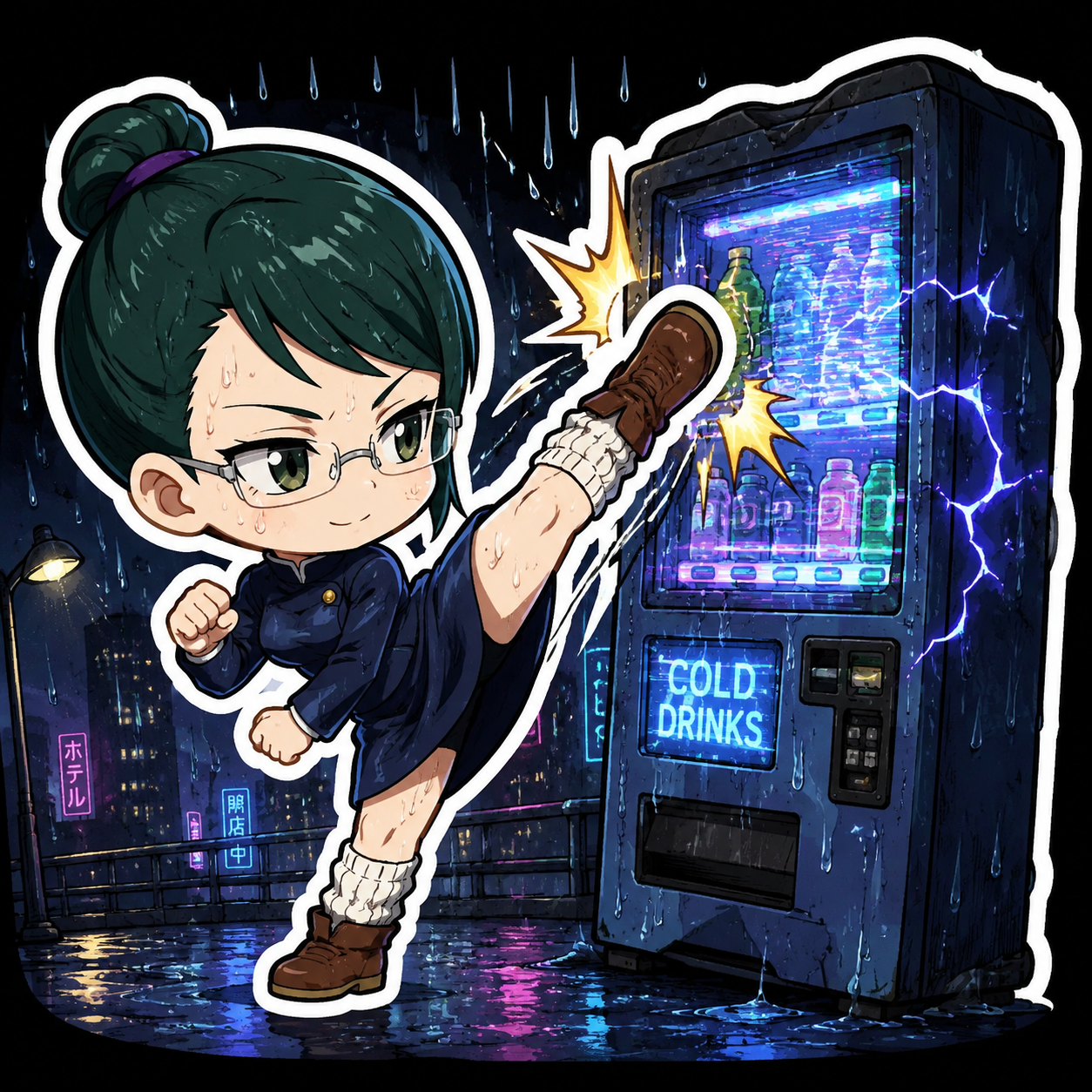 Practicing a high roundhouse kick At a flickering vending machine in the rain (cute chibi style, vibrant stickers)