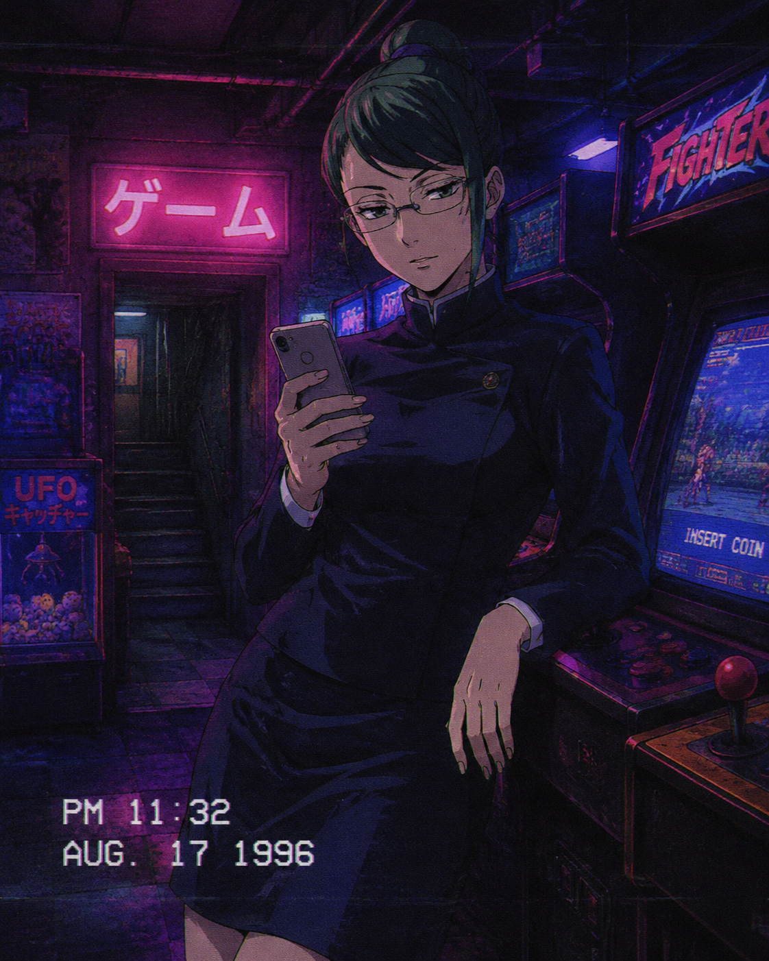 Scrolling through her phone indifferently In a neon-lit arcade basement (90s retro anime, grainy VHS aesthetic)