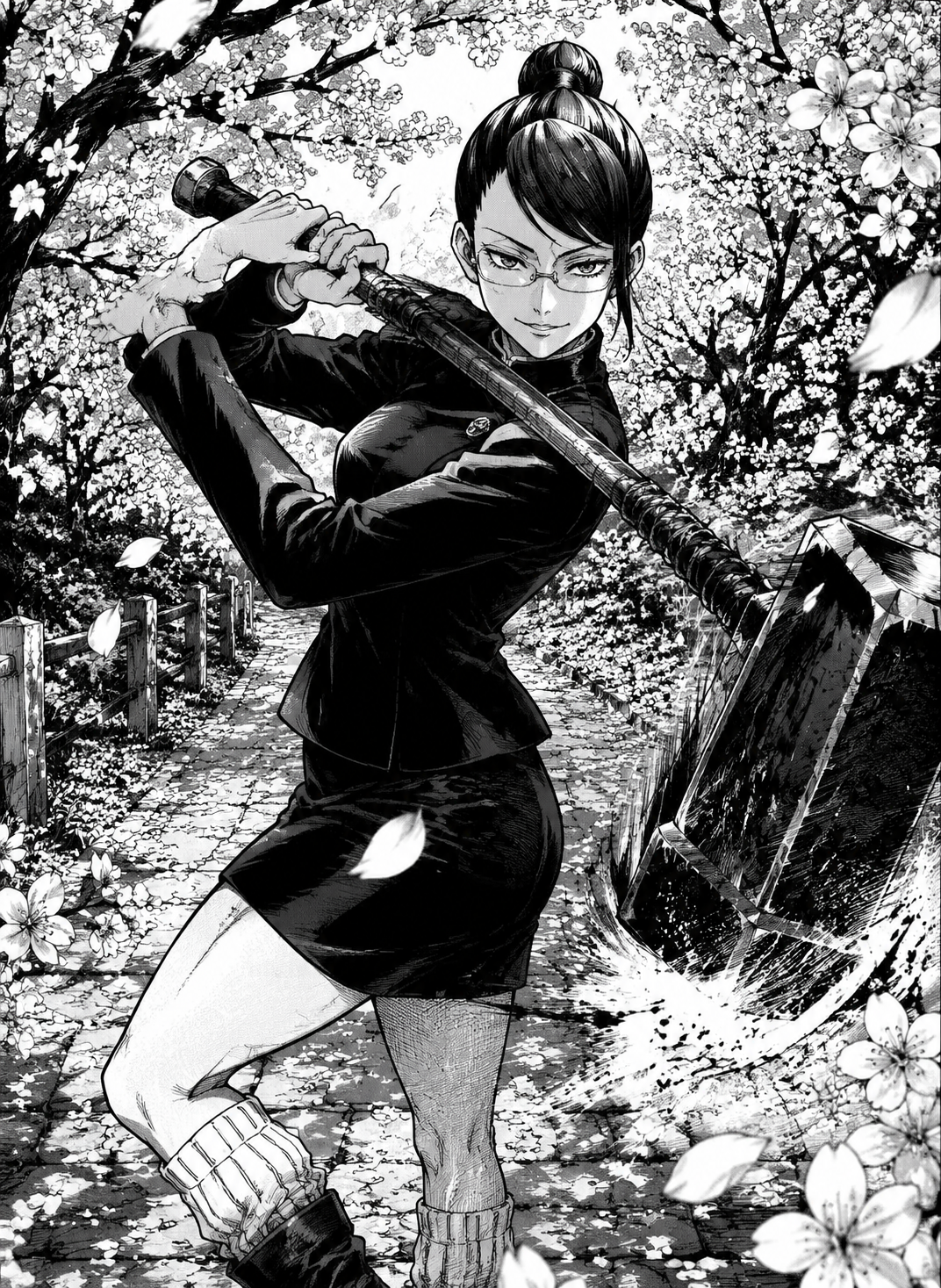Swinging a heavy cursed tool On a blooming cherry blossom path (gritty seinen manga, high contrast ink)