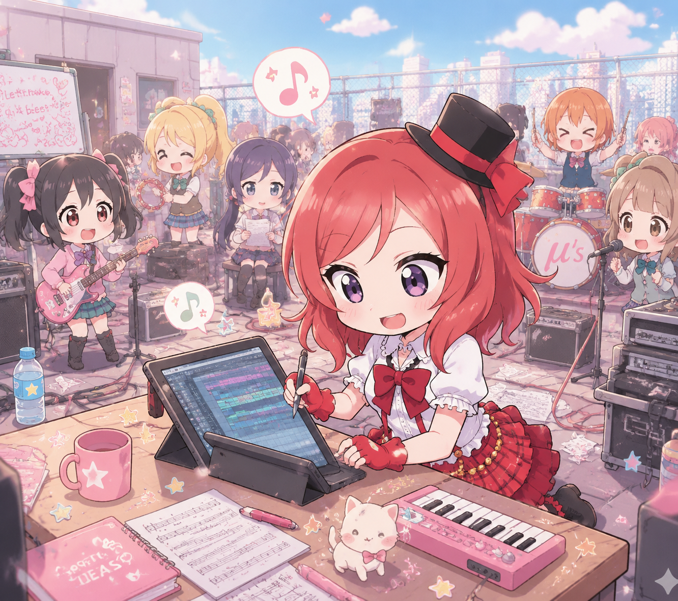 Composing music on a digital tablet At a crowded rooftop rehearsal space (chibi cute, pastel color palette)