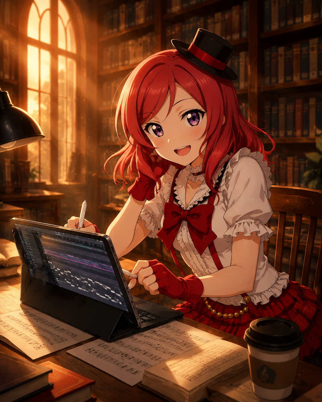 Composing music on a digital tablet in a quiet library during golden hour (cinematic dramatic lighting)