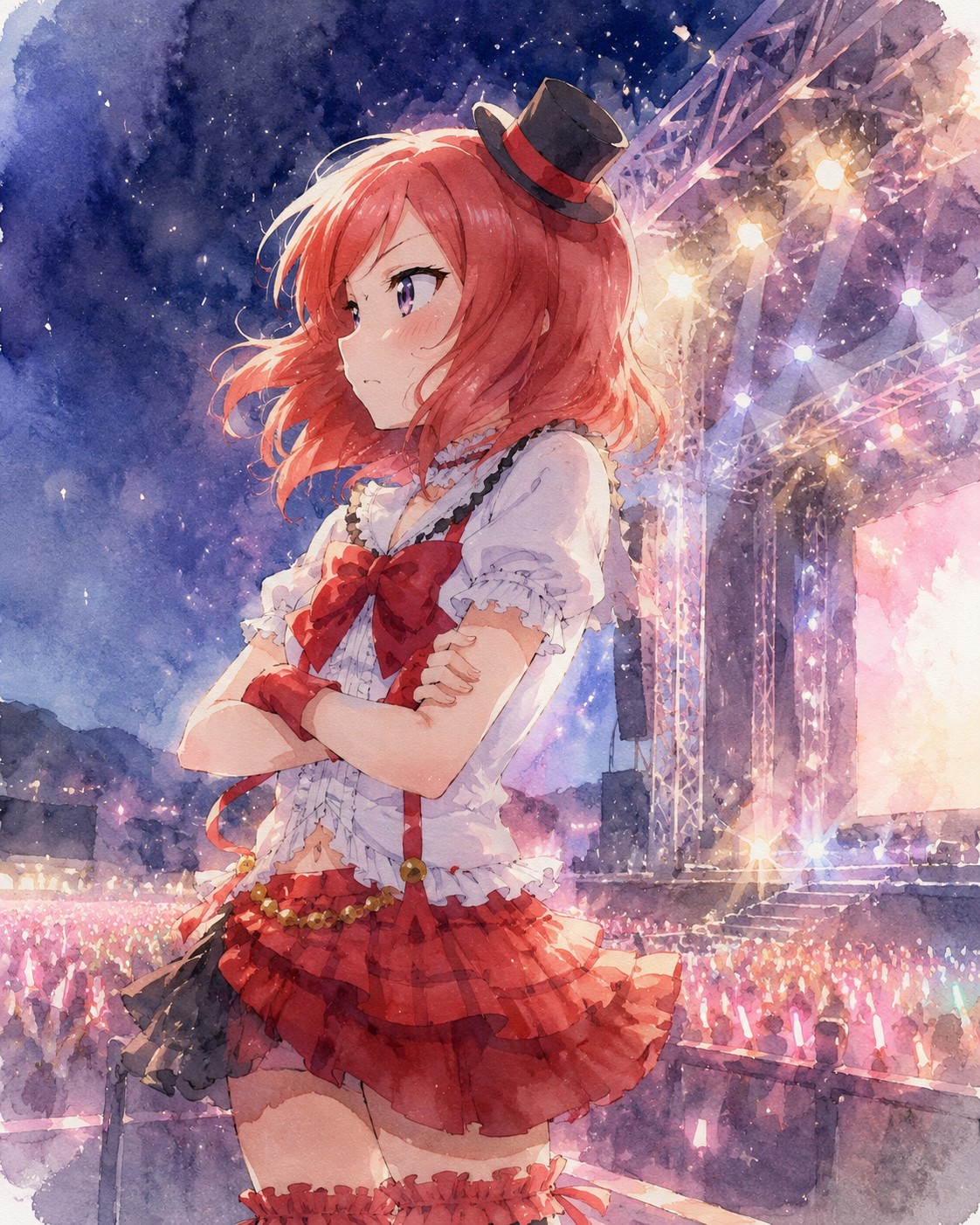 Looking away with a stubborn blush At a glittering outdoor concert stage at night (soft watercolor, ethereal morning light)