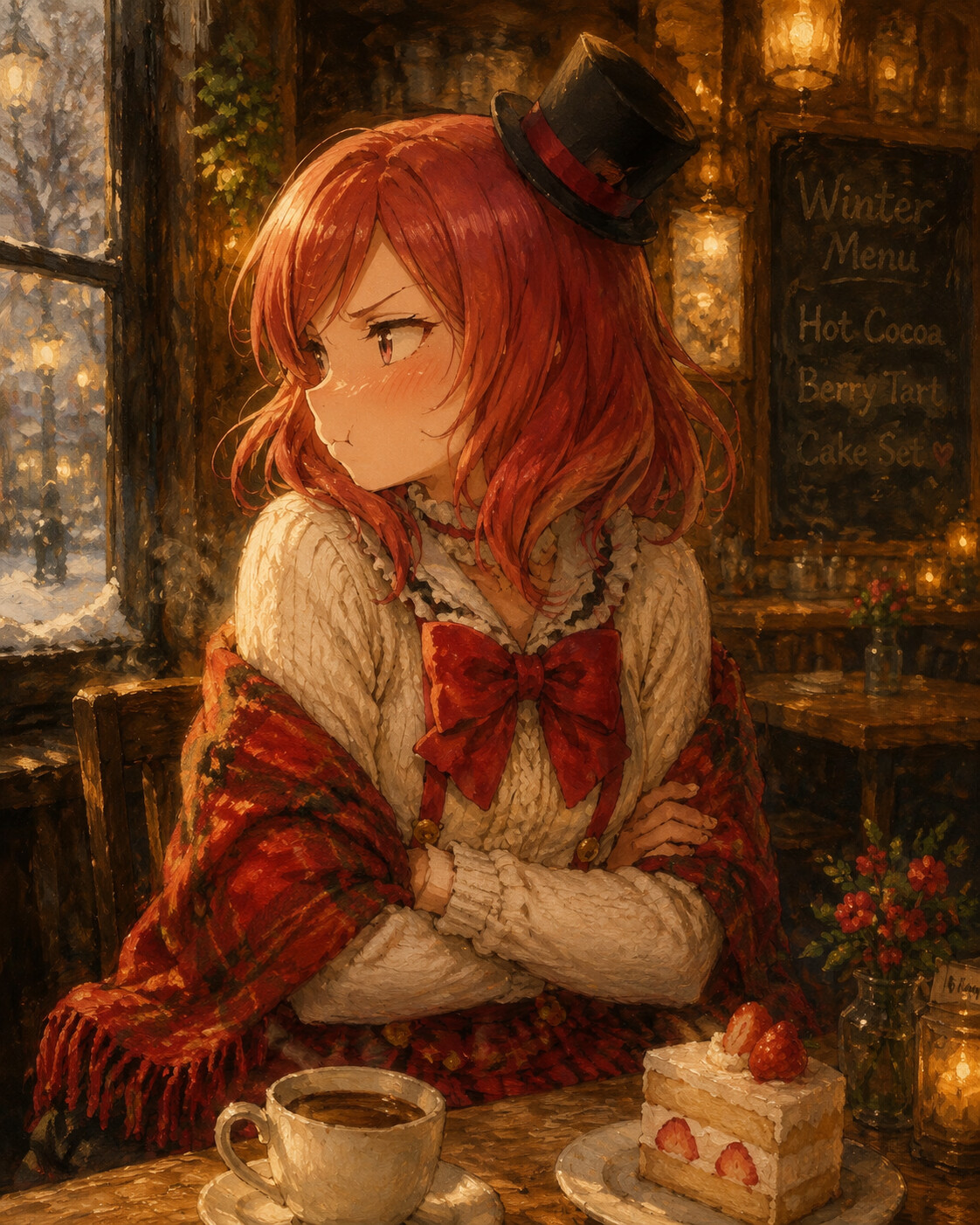 Looking away with a stubborn blush in a cozy winter cafe with warm lighting (elegant oil painting)