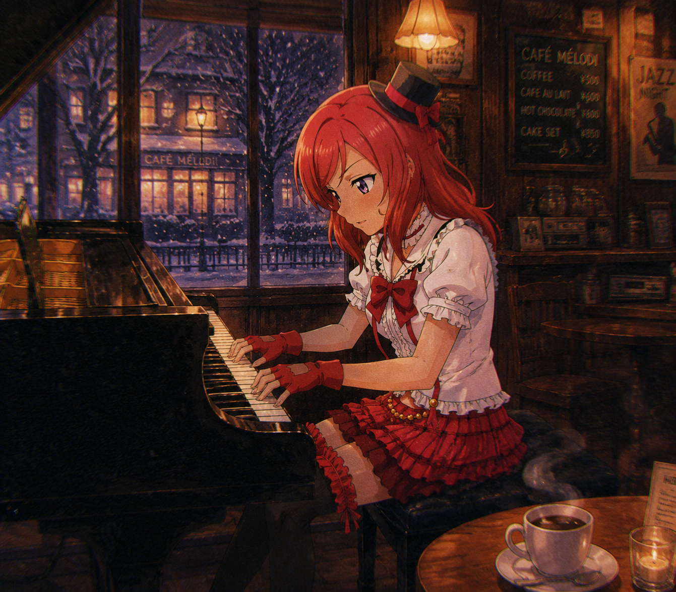 Playing a grand piano with intense focus In a cozy winter cafe with warm lighting (retro 90s aesthetic, lo-fi textures)