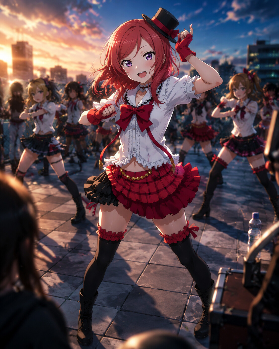 Practicing a dance routine for a performance at a crowded rooftop rehearsal space (cinematic dramatic lighting)