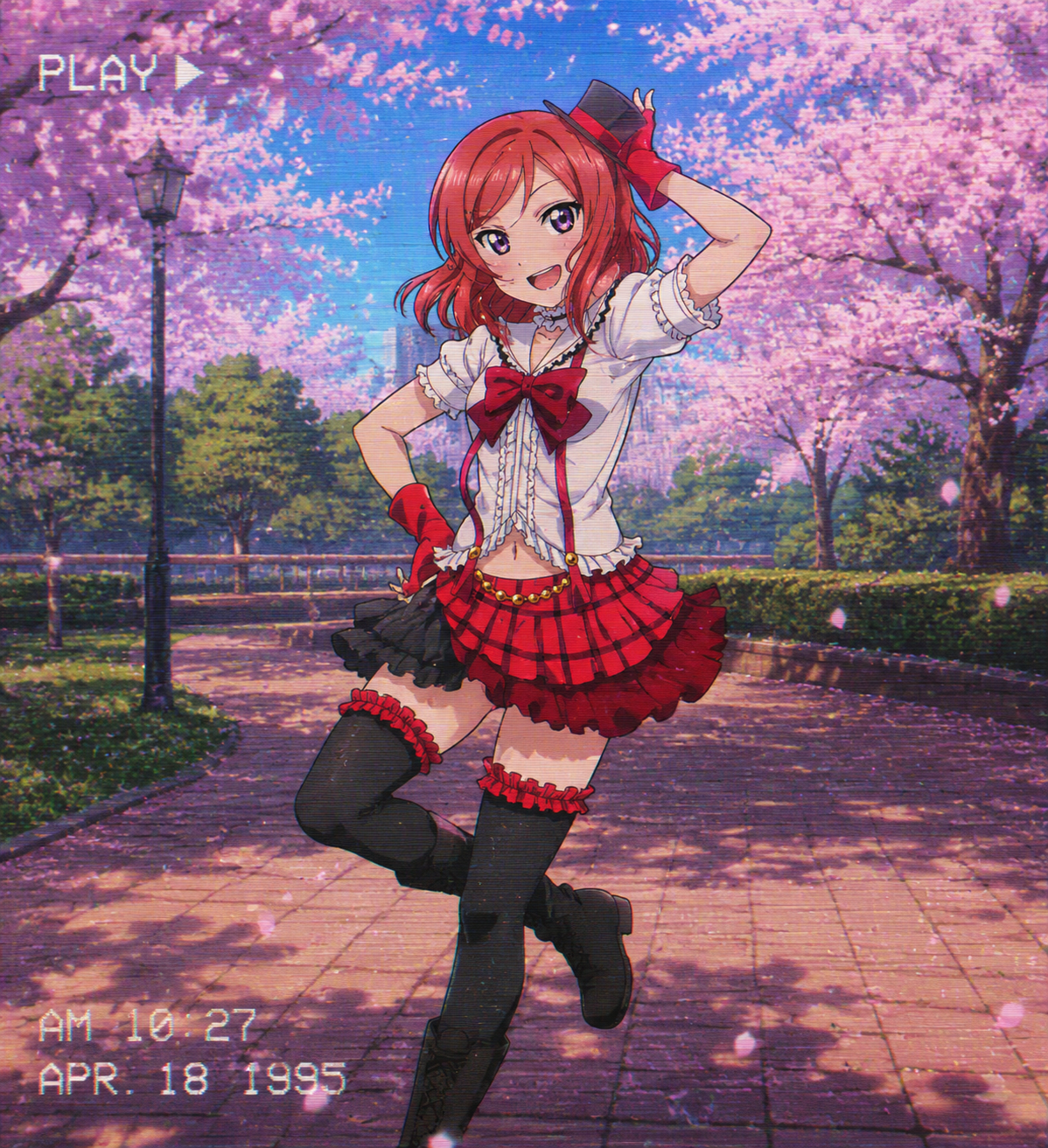 Practicing a dance routine for a performance In a lush park under blooming cherry blossoms (retro 90s aesthetic, lo-fi textures)