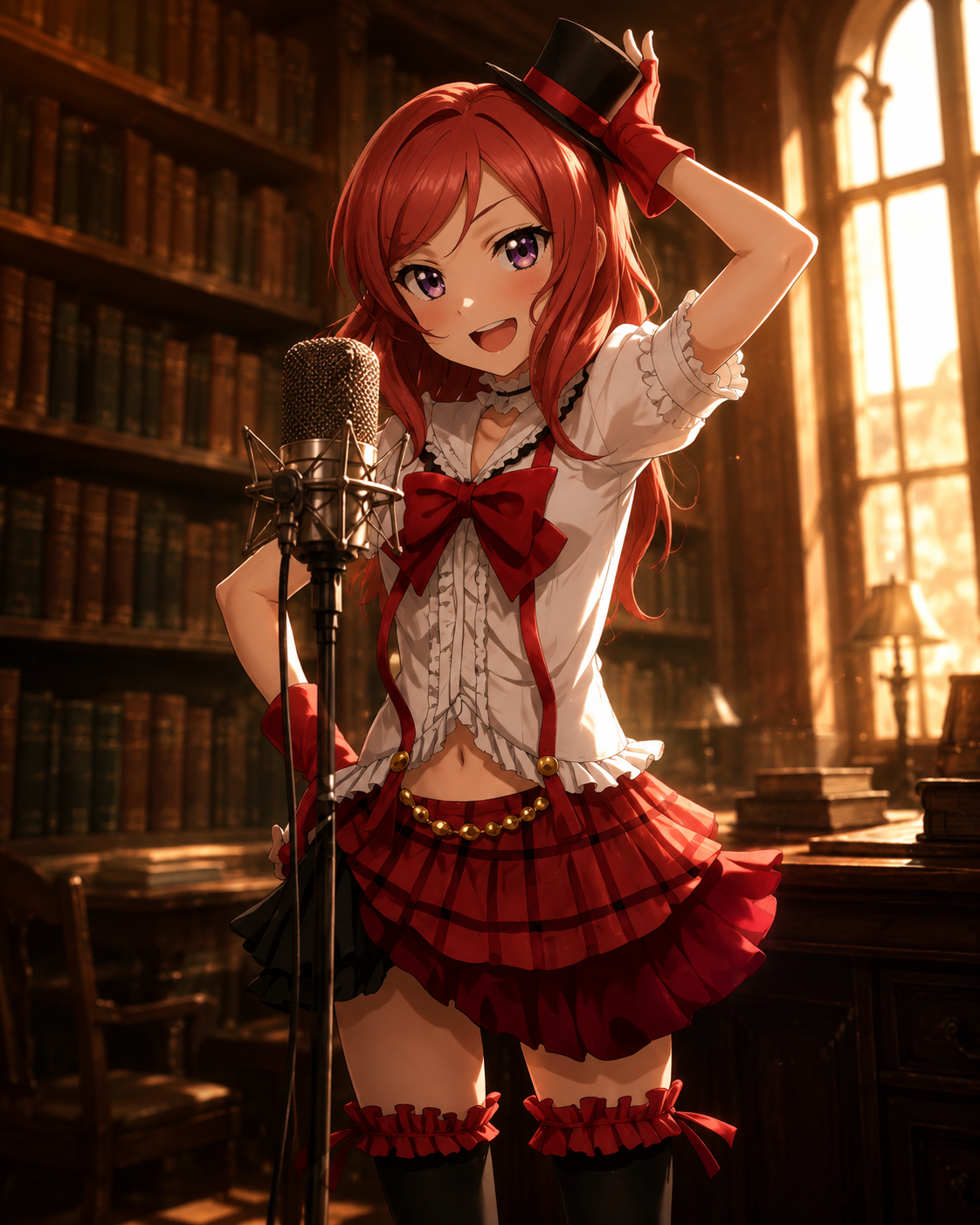 Singing into a vintage recording microphone In a quiet library during golden hour (cinematic dramatic lighting, sharp focus)