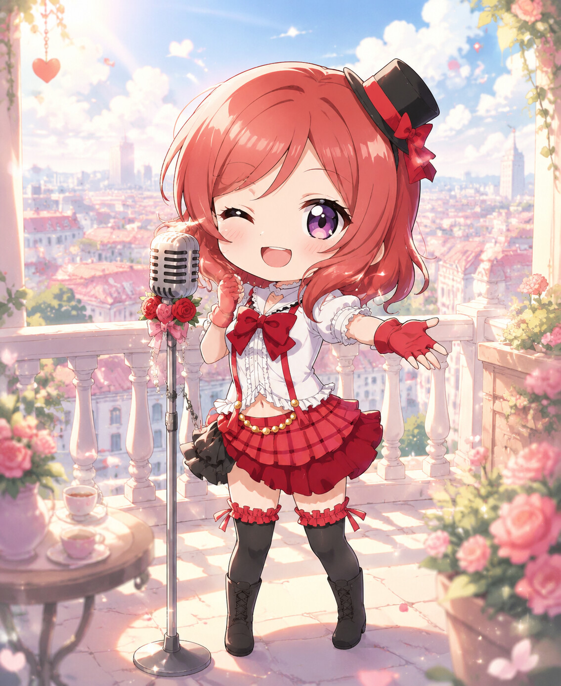 Singing into a vintage recording microphone on a sun-drenched balcony overlooking the city (chibi cute)