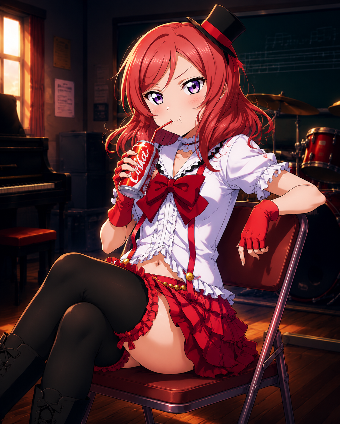 Sipping a soda with a defiant pout In a dimly lit school music room (vibrant anime style, high saturation)