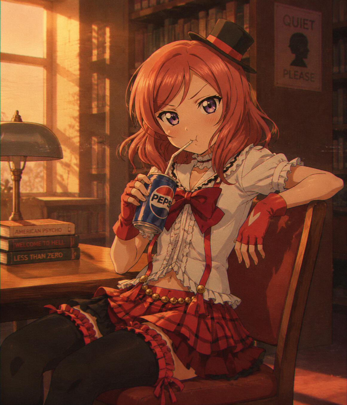 Sipping a soda with a defiant pout in a quiet library during golden hour (retro 90s aesthetic)