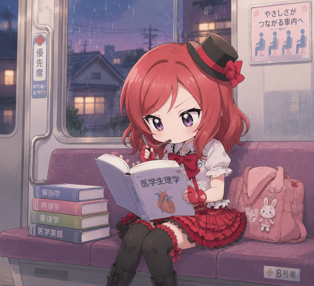 Studying medical textbooks with a serious expression on a suburban train during a rainy evening (chibi cute)