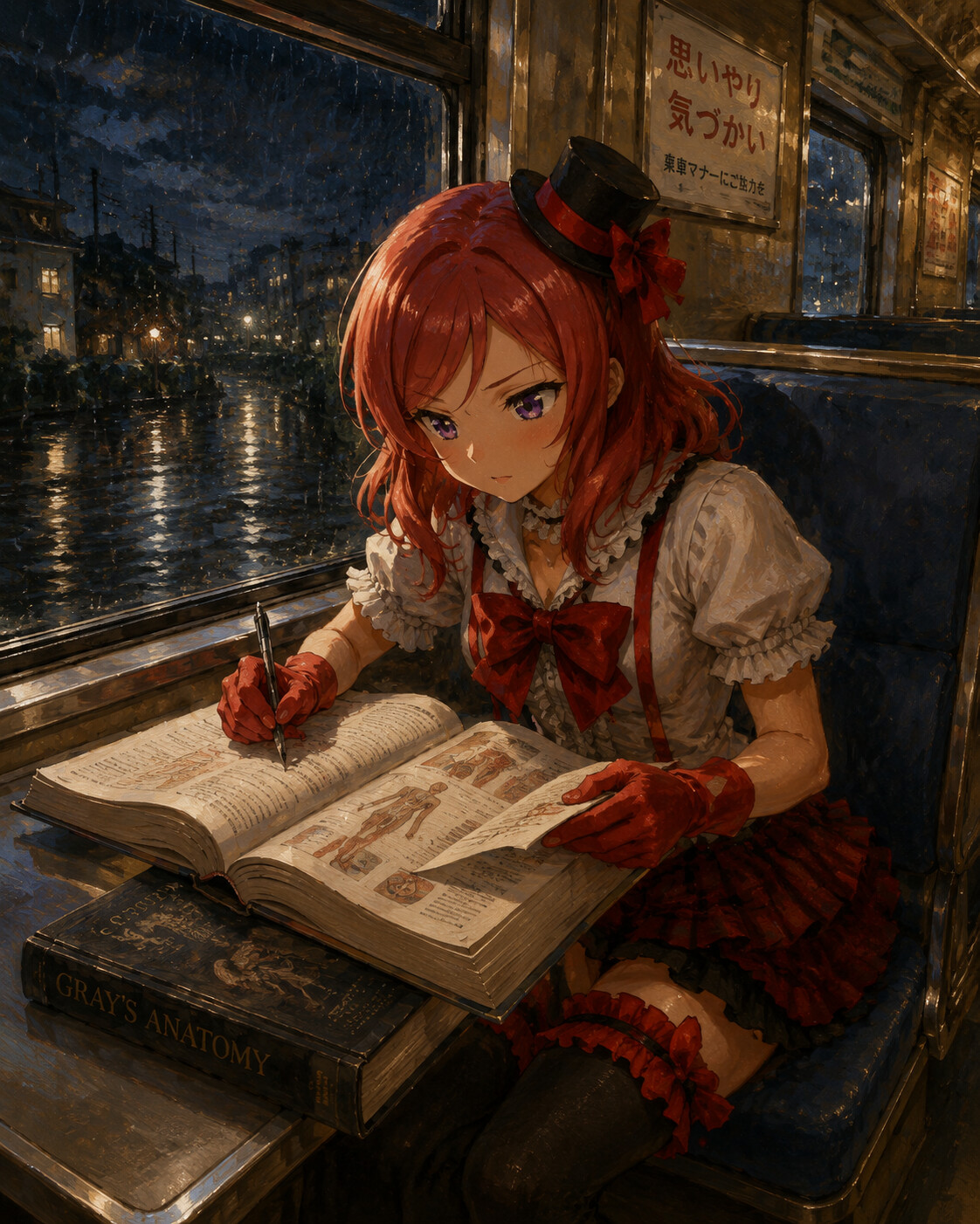 Studying medical textbooks with a serious expression on a suburban train during a rainy evening (elegant oil painting)