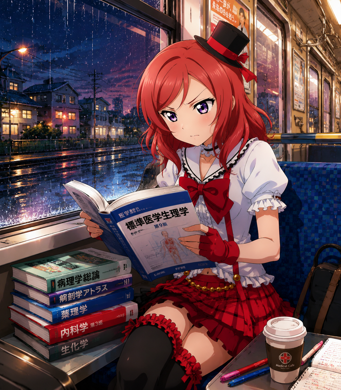 Studying medical textbooks with a serious expression On a suburban train during a rainy evening (vibrant anime style, high saturation)