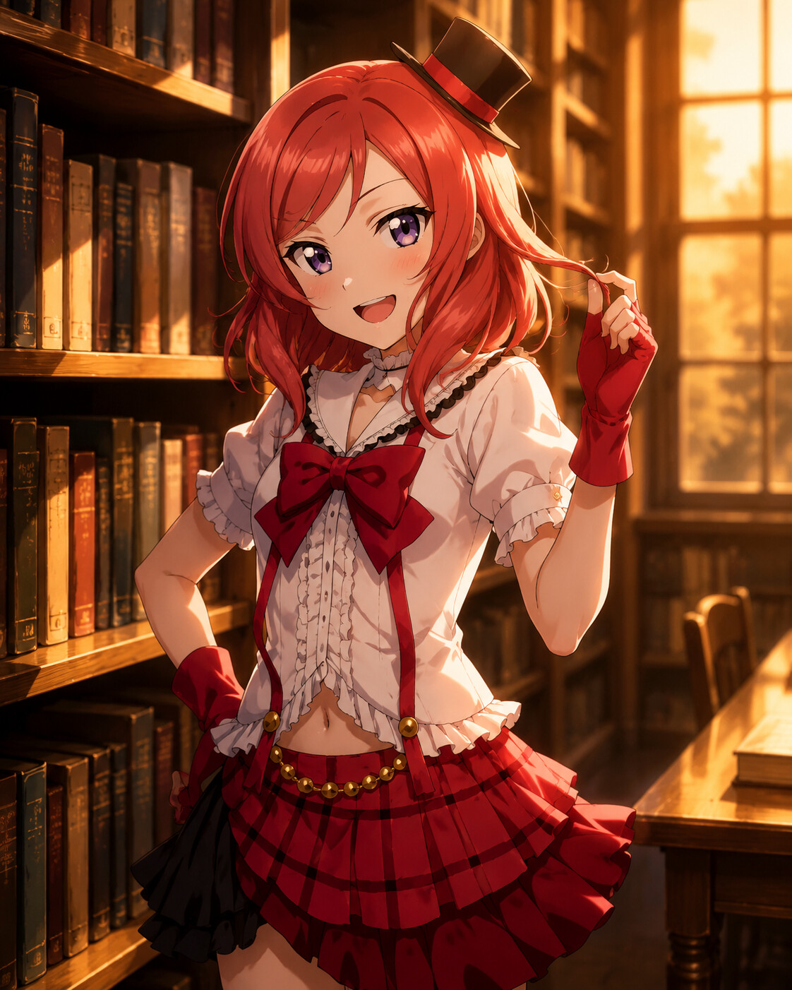 Twirling a strand of her crimson hair in a quiet library during golden hour (cinematic dramatic lighting)