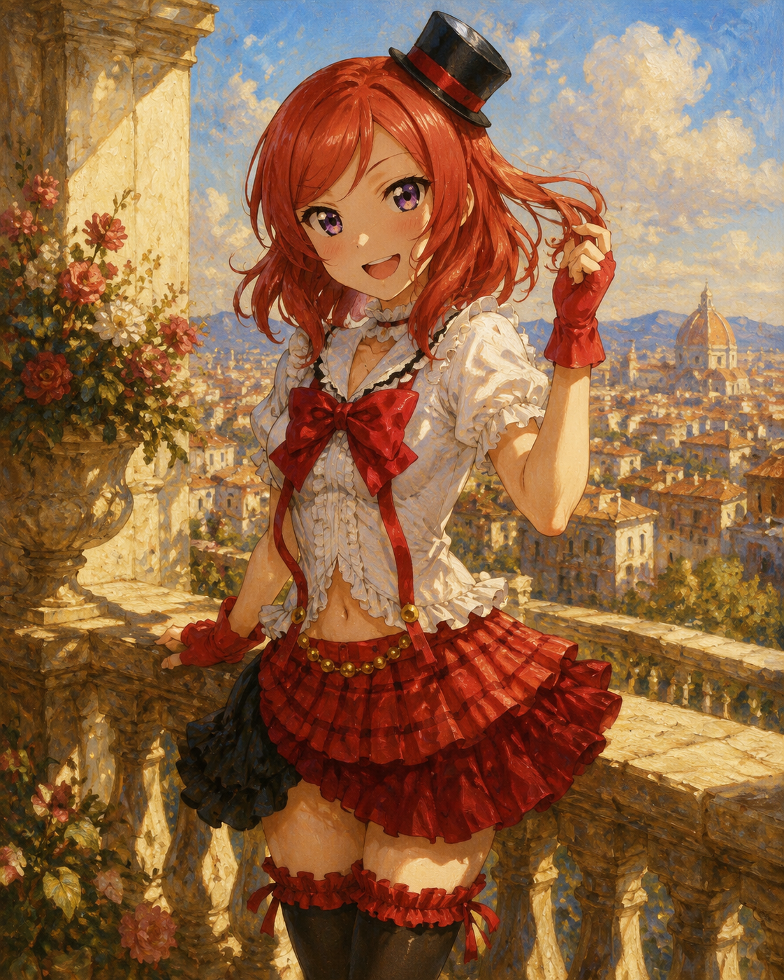 Twirling a strand of her crimson hair On a sun-drenched balcony overlooking the city (elegant oil painting, rich textures)