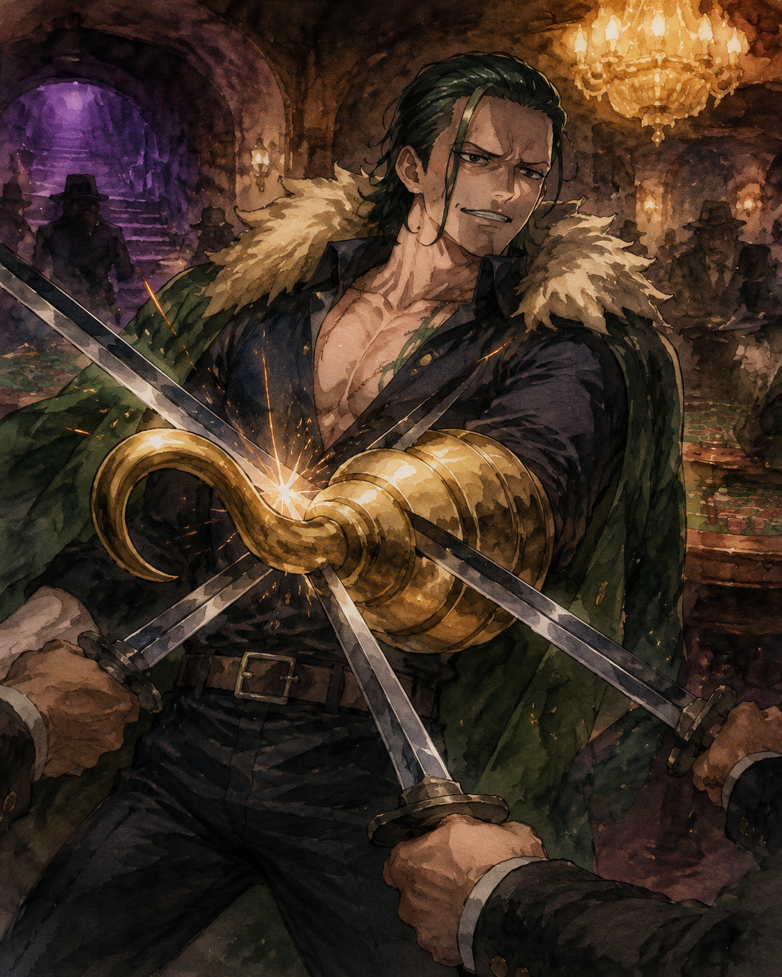 Clashing his golden hook against steel blades In a dimly lit underground casino (watercolor anime, soft lighting)