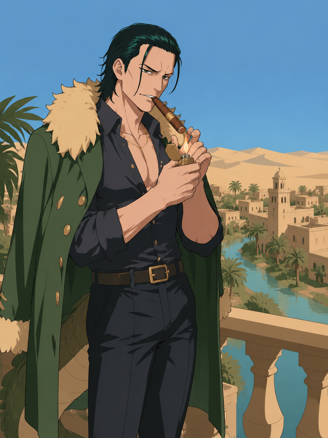 Lighting a gold-banded cigar On a balcony overlooking a desert oasis (minimalist vector art, flat colors)