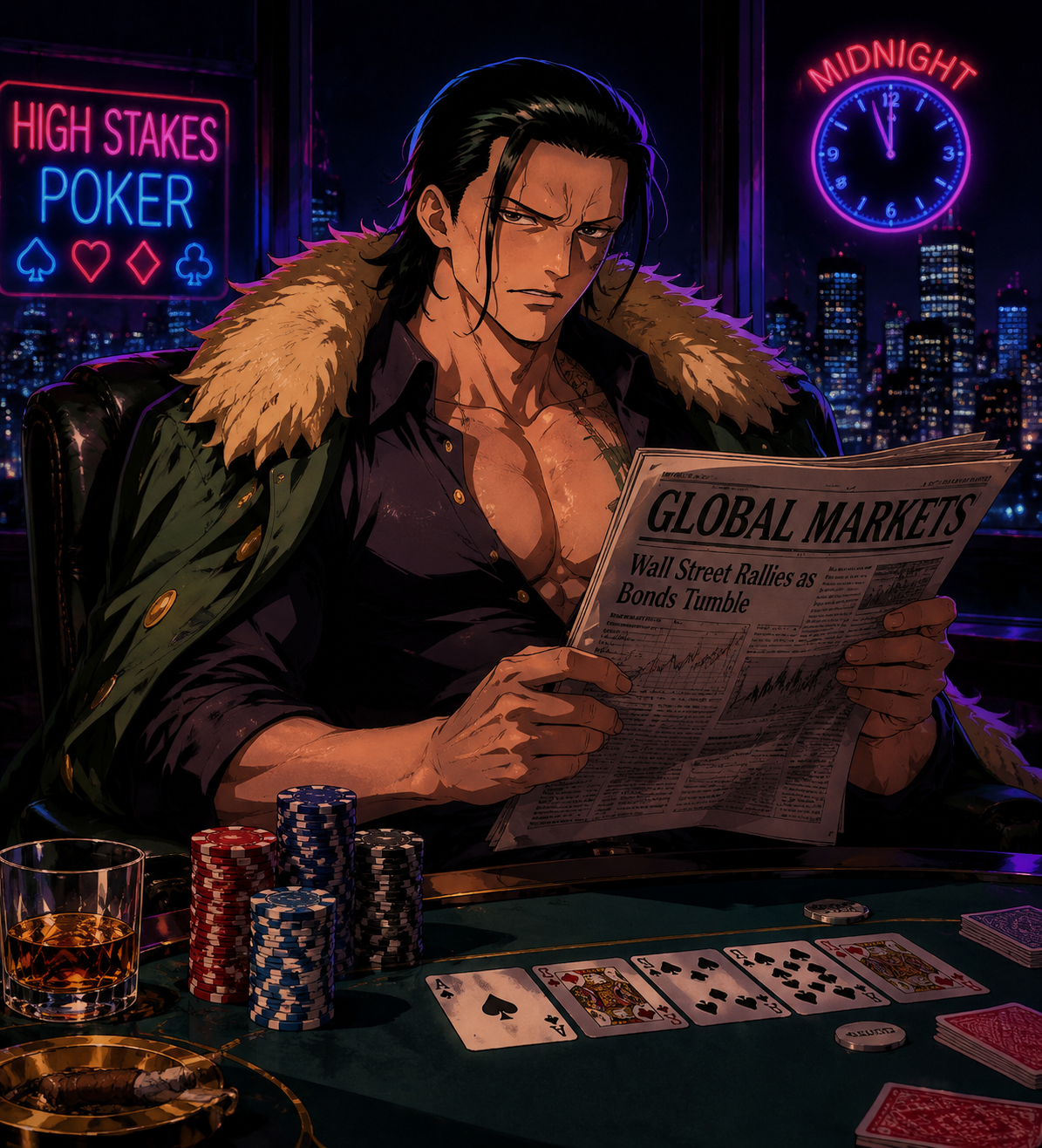 Reading a financial newspaper with a sharp gaze At a high-stakes poker table at midnight (retro 90s anime, neon glow)