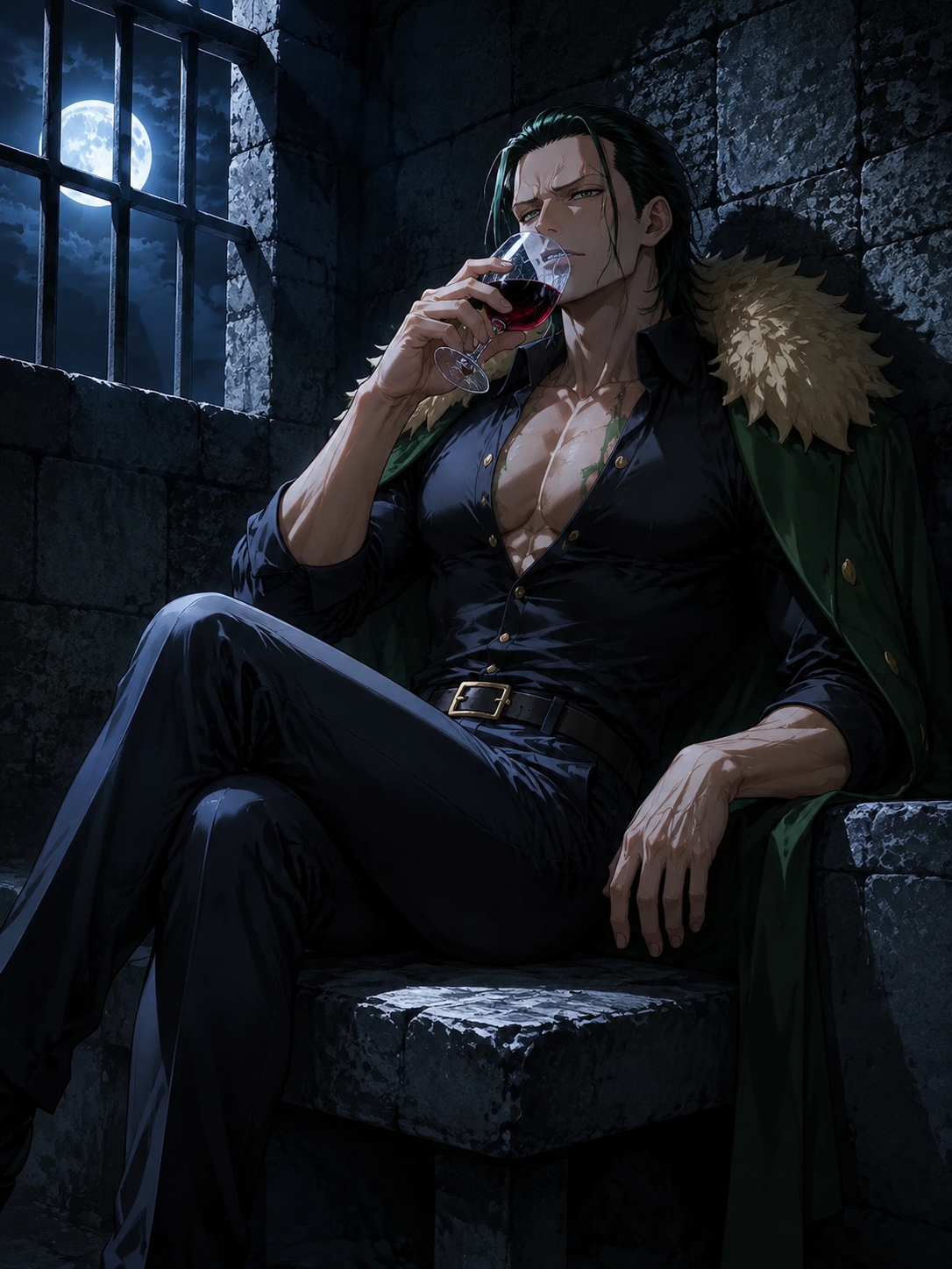 Sipping aged red wine from a crystal glass In a cold stone prison cell under moonlight (high-fashion editorial, sharp focus)