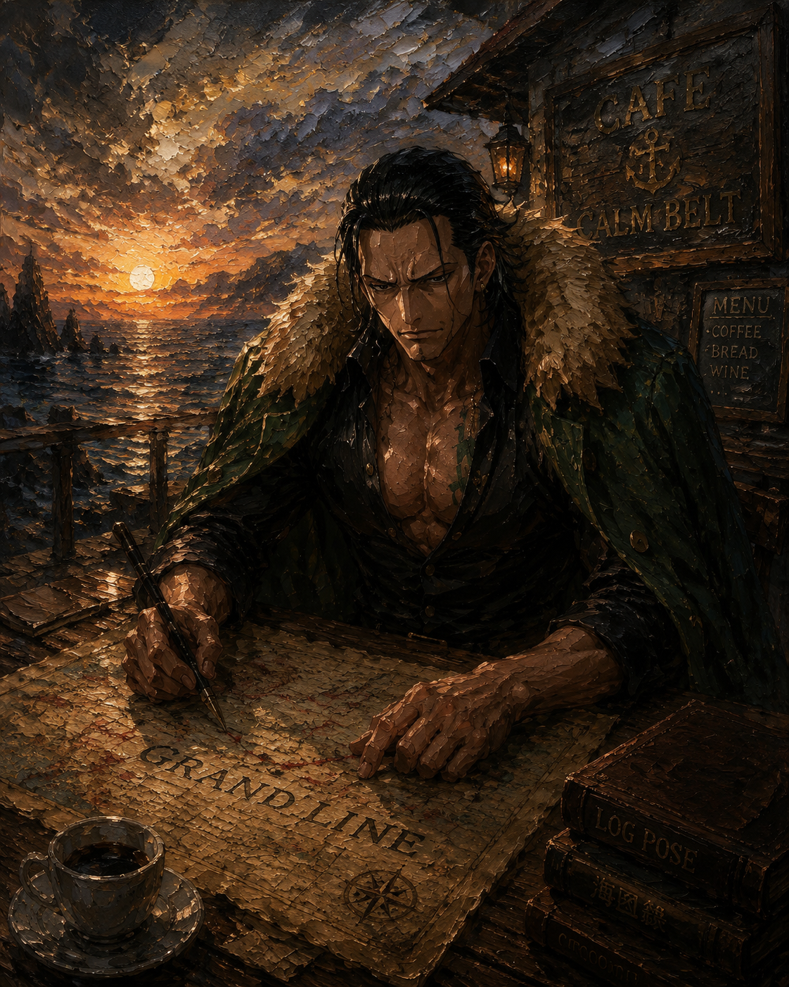 Studying a tactical map of the grand line At a quiet seaside cafe at sunrise (dark fantasy oil painting, thick impasto)