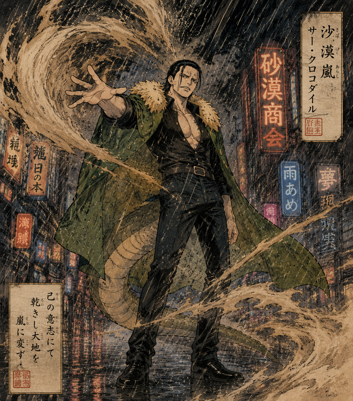 Unleashing a massive desert sandstorm In a torrential downpour on a neon street (ukiyo-e woodblock print, traditional ink)