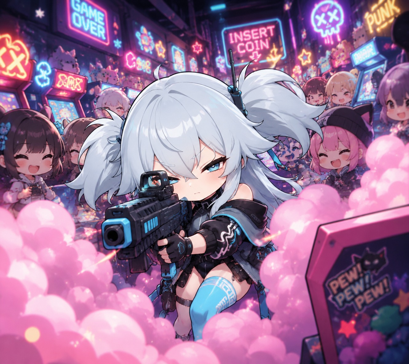 Aiming through a cloud of pink smoke In a crowded neon-lit underground arcade (chibi style, bright and bubbly colors)