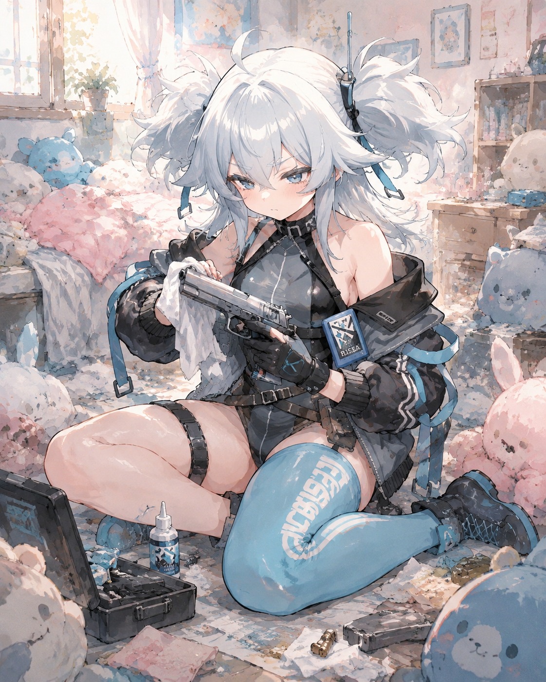 Carefully cleaning her chrome pistol In a messy bedroom filled with plushies (soft watercolor anime, pastel tones)