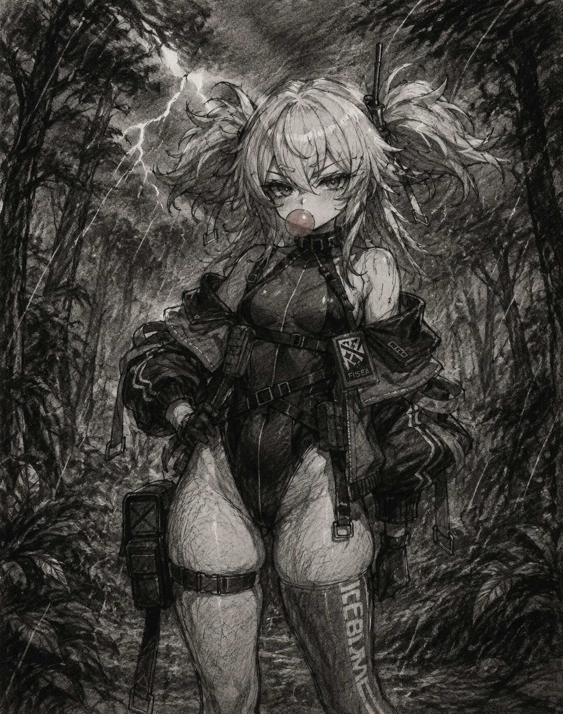 Chewing on a piece of strawberry bubblegum In a dense forest during a heavy thunderstorm (detailed charcoal sketch, messy lines)