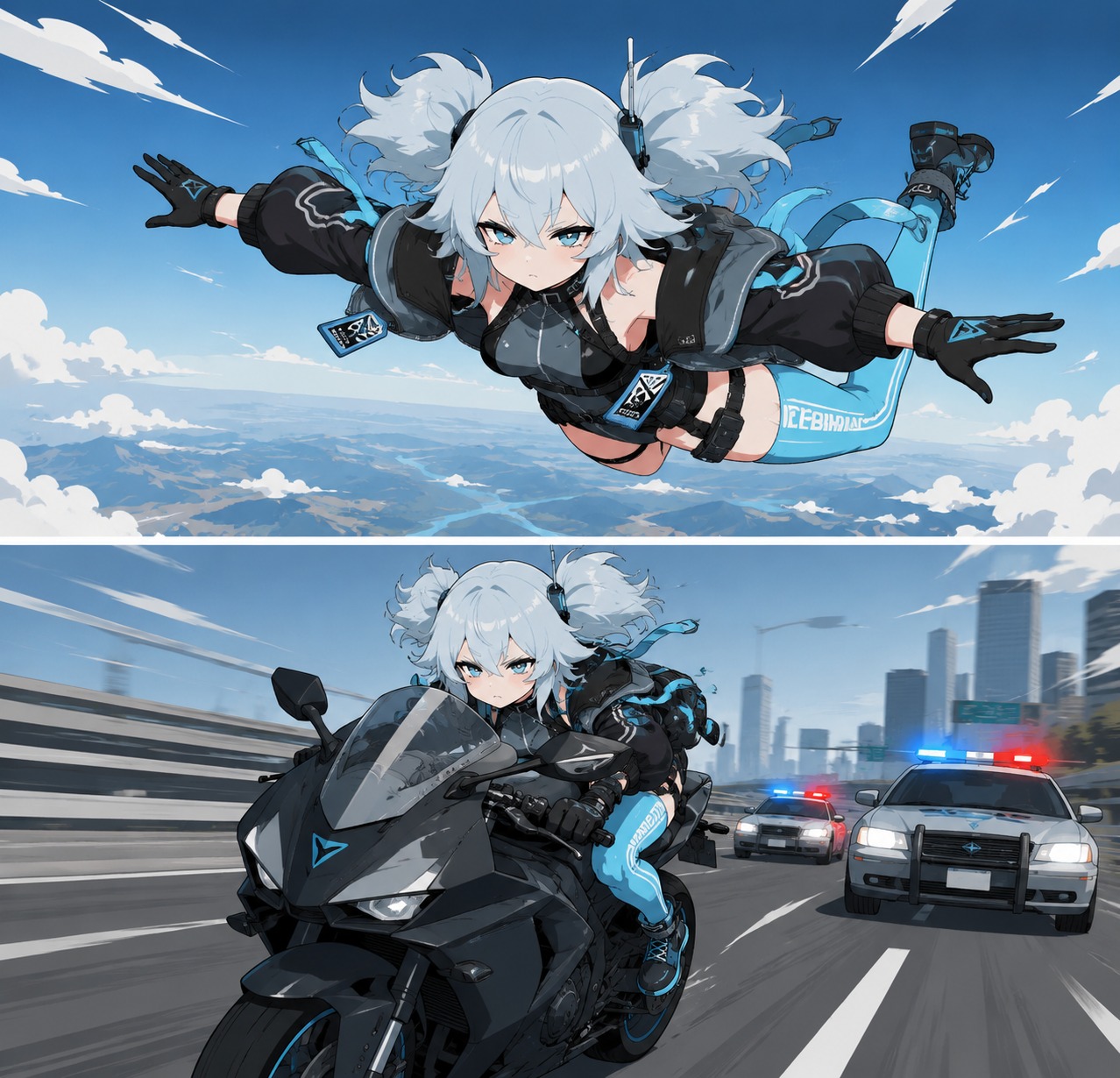 Freefalling during a high-altitude skydive On a high-speed motorcycle during a highway chase (clean vector art, minimalist flat colors)