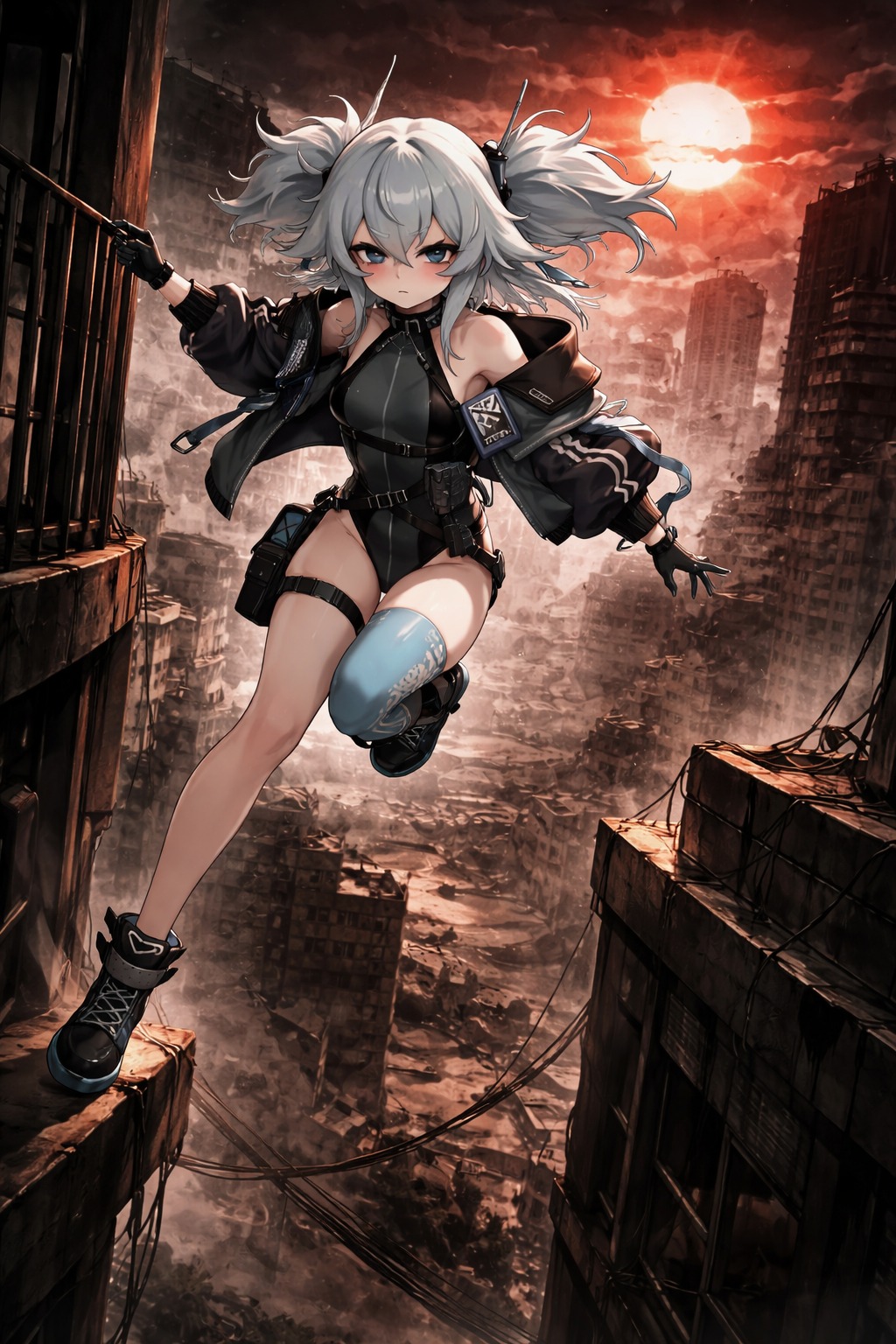 Leaping between high-rise balconies At a desolate battlefield under a crimson sun (gritty cinematic noir, harsh shadows)